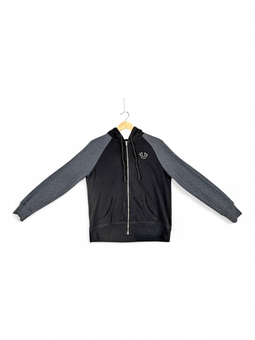True Religion Men's Zip Hoodie Black/Grey Raglan Logo L